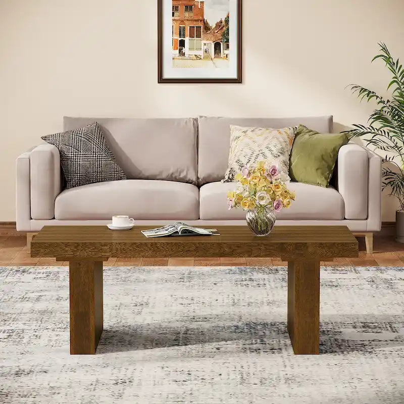 Table basse rectangulaire marron, 120 cm, plateau à lattes, pour 1 à 4 personnes