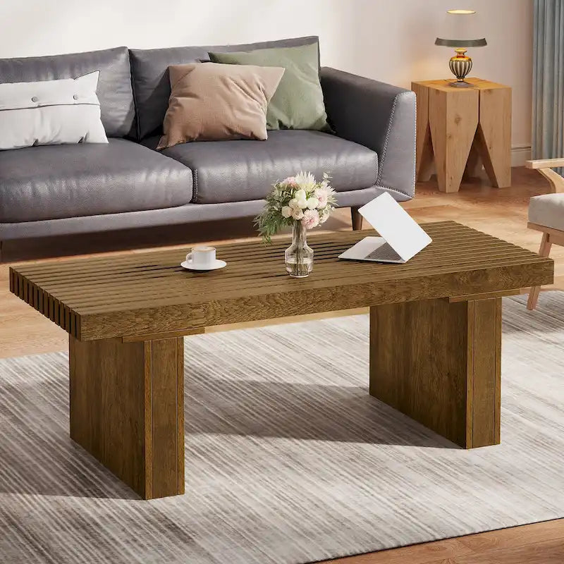 Table basse rectangulaire marron, 120 cm, plateau à lattes, pour 1 à 4 personnes