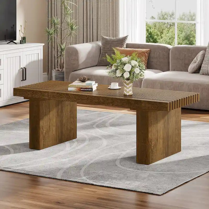 Table basse rectangulaire marron, 120 cm, plateau à lattes, pour 1 à 4 personnes