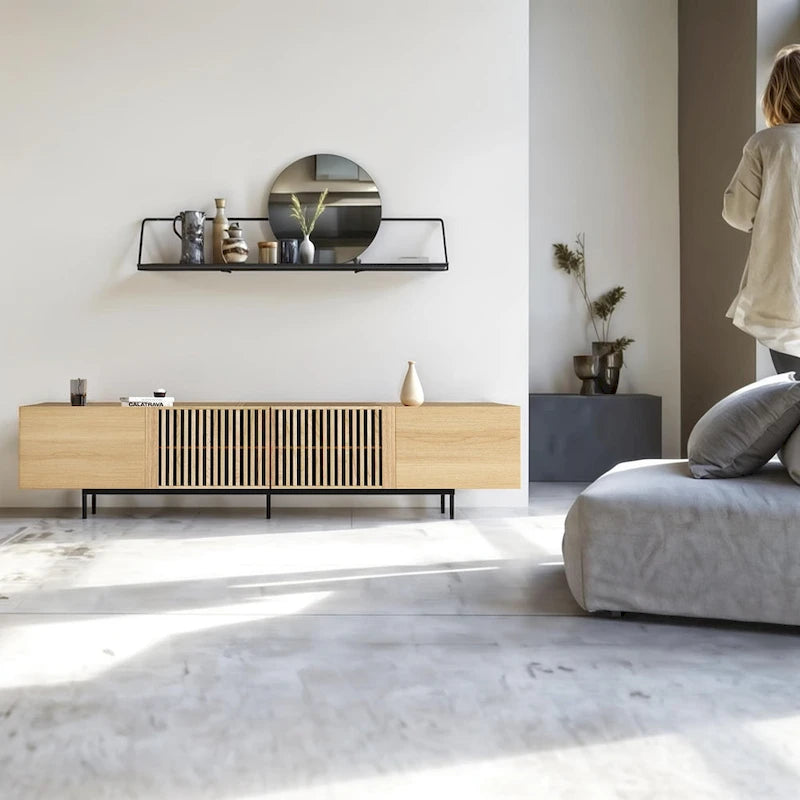 Meuble TV console Noyer naturel, 2 tailles, style Mid-Century