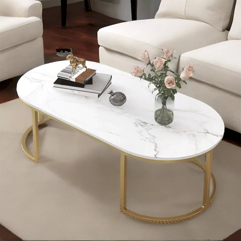 Table basse ovale blanche et or