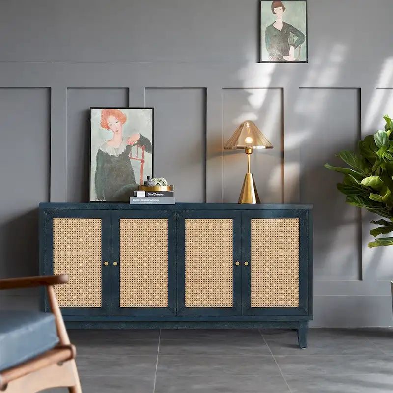 Buffet bahut commode en rotin bleu marine antique, meuble de rangement d'appoint à 1 porte