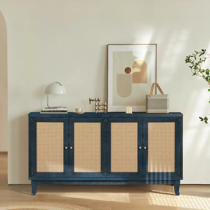 Buffet bahut commode en rotin bleu marine antique, meuble de rangement d'appoint à 1 porte