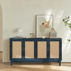 Buffet bahut commode en rotin bleu marine antique, meuble de rangement d'appoint à 1 porte