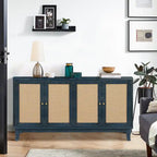Buffet bahut commode en rotin bleu marine antique, meuble de rangement d'appoint à 1 porte
