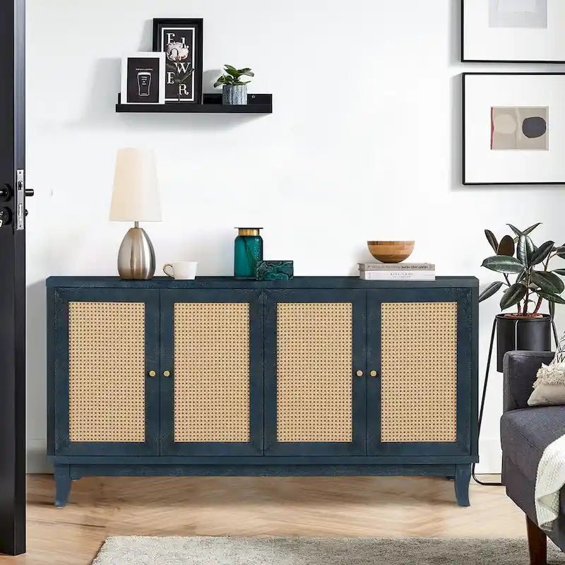 Buffet bahut commode en rotin bleu marine antique, meuble de rangement d'appoint à 1 porte