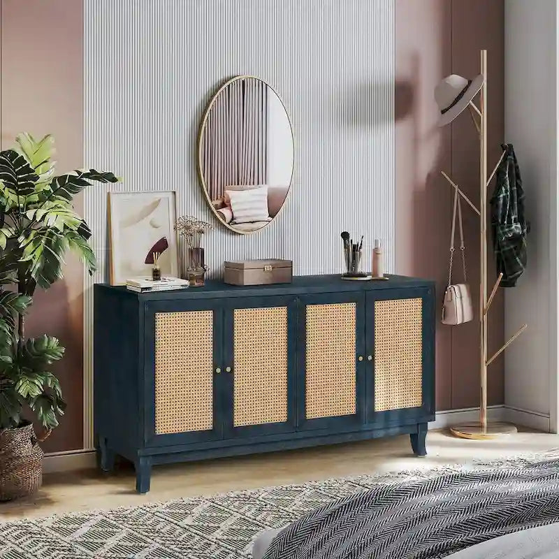 Buffet bahut commode en rotin bleu marine antique, meuble de rangement d'appoint à 1 porte