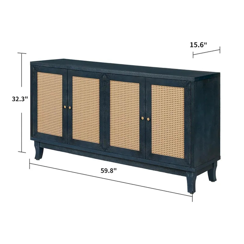 Buffet bahut commode en rotin bleu marine antique, meuble de rangement d'appoint à 1 porte