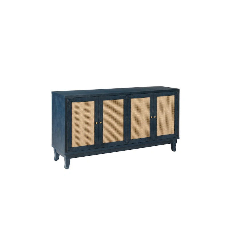 Buffet bahut commode en rotin bleu marine antique, meuble de rangement d'appoint à 1 porte