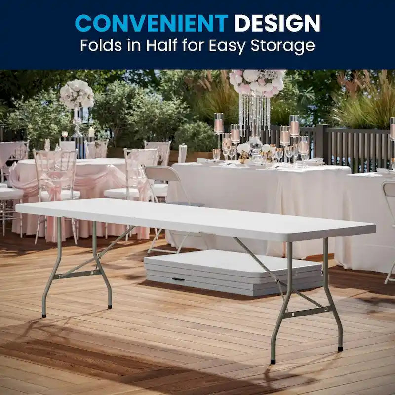 Table pliante en plastique blanc granit, deux pans, 10 places, 2,4 m