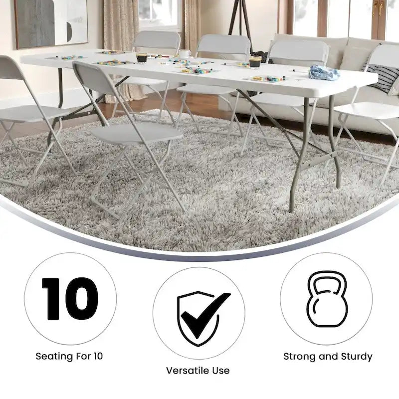 Table pliante en plastique blanc granit, deux pans, 10 places, 2,4 m