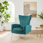 Fauteuil d'appoint dossier haut en velours, bleu paon / gris / blanc, une place