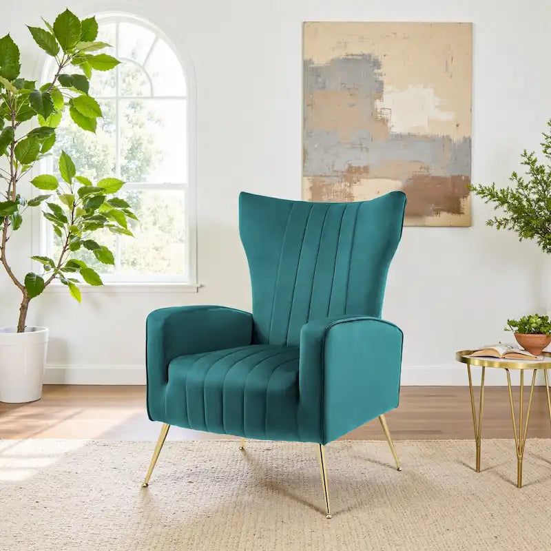 Fauteuil d'appoint dossier haut en velours, bleu paon / gris / blanc, une place