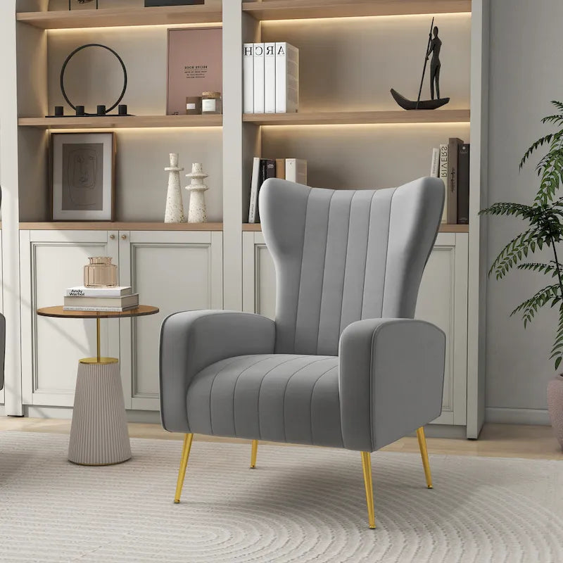 Fauteuil d'appoint dossier haut en velours, bleu paon / gris / blanc, une place