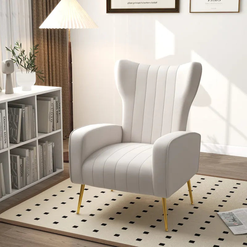 Fauteuil d'appoint dossier haut en velours, bleu paon / gris / blanc, une place