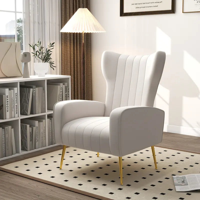 Fauteuil d'appoint dossier haut en velours, bleu paon / gris / blanc, une place