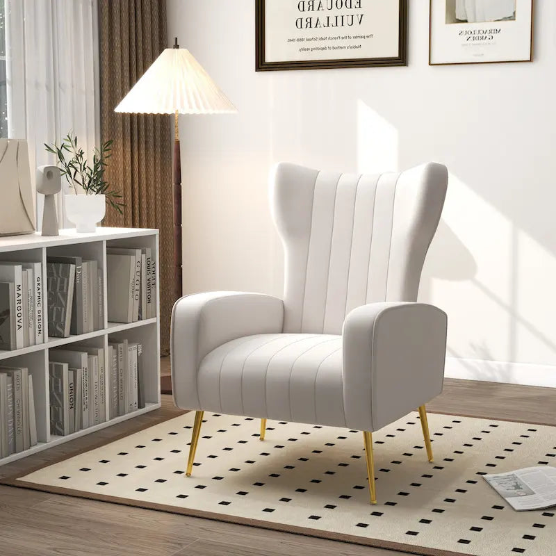 Fauteuil d'appoint dossier haut en velours, bleu paon / gris / blanc, une place