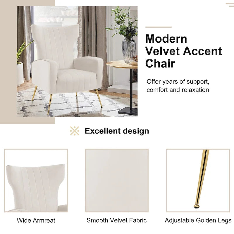 Fauteuil d'appoint dossier haut en velours, bleu paon / gris / blanc, une place