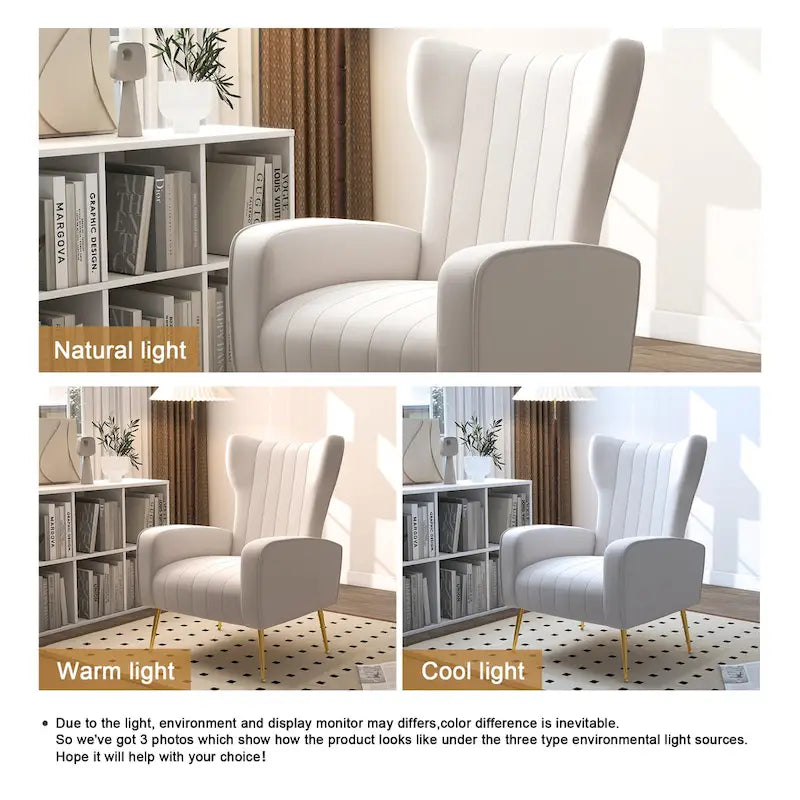 Fauteuil d'appoint dossier haut en velours, bleu paon / gris / blanc, une place