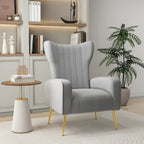 Fauteuil d'appoint dossier haut en velours, bleu paon / gris / blanc, une place