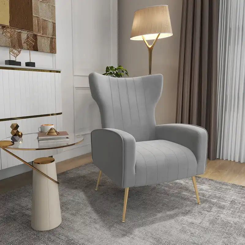 Fauteuil d'appoint dossier haut en velours, bleu paon / gris / blanc, une place
