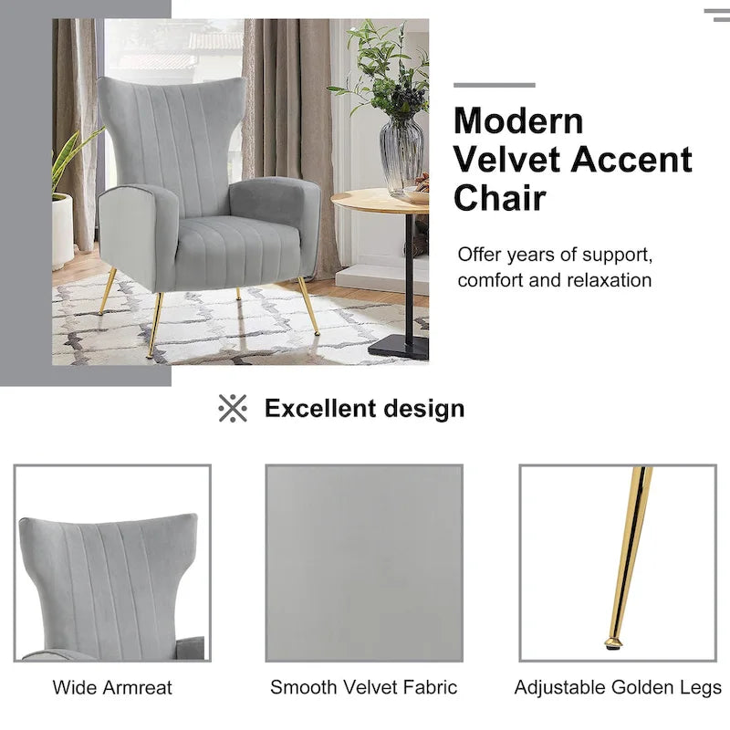 Fauteuil d'appoint dossier haut en velours, bleu paon / gris / blanc, une place
