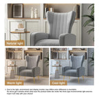 Fauteuil d'appoint dossier haut en velours, bleu paon / gris / blanc, une place