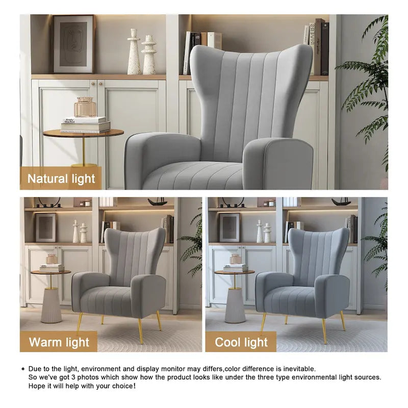 Fauteuil d'appoint dossier haut en velours, bleu paon / gris / blanc, une place