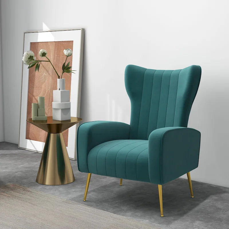 Fauteuil d'appoint dossier haut en velours, bleu paon / gris / blanc, une place
