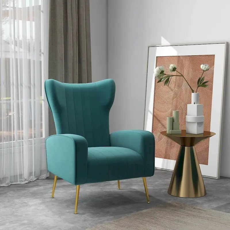 Fauteuil d'appoint dossier haut en velours, bleu paon / gris / blanc, une place