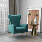 Fauteuil d'appoint dossier haut en velours, bleu paon / gris / blanc, une place