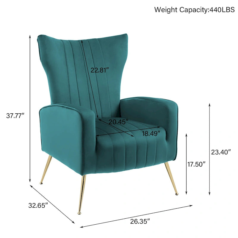 Fauteuil d'appoint dossier haut en velours, bleu paon / gris / blanc, une place