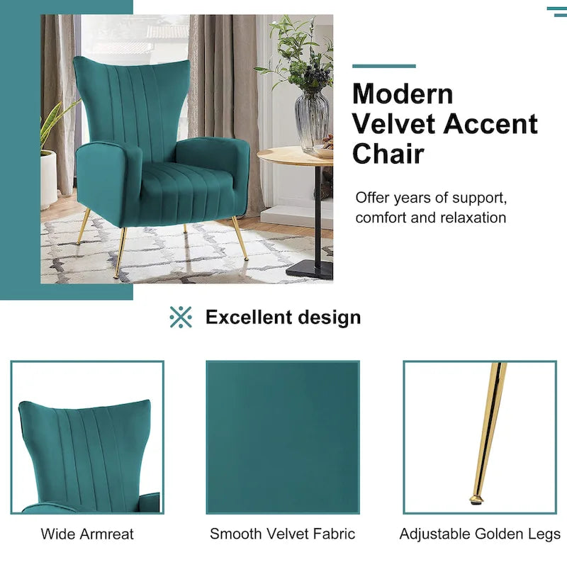 Fauteuil d'appoint dossier haut en velours, bleu paon / gris / blanc, une place