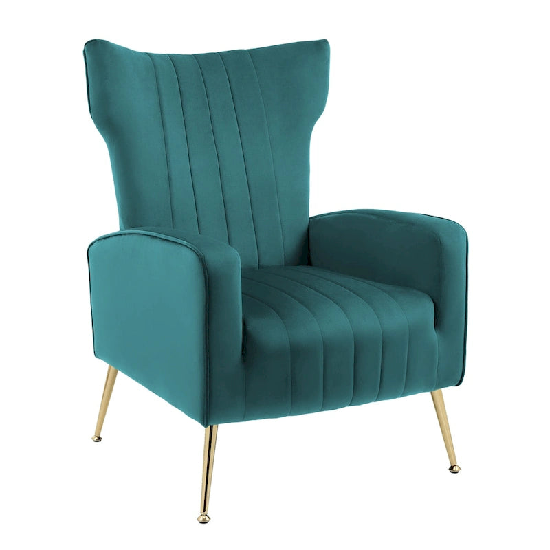 Fauteuil d'appoint dossier haut en velours, bleu paon / gris / blanc, une place