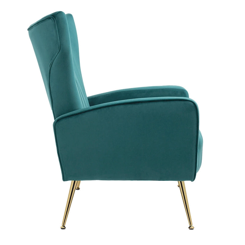 Fauteuil d'appoint dossier haut en velours, bleu paon / gris / blanc, une place