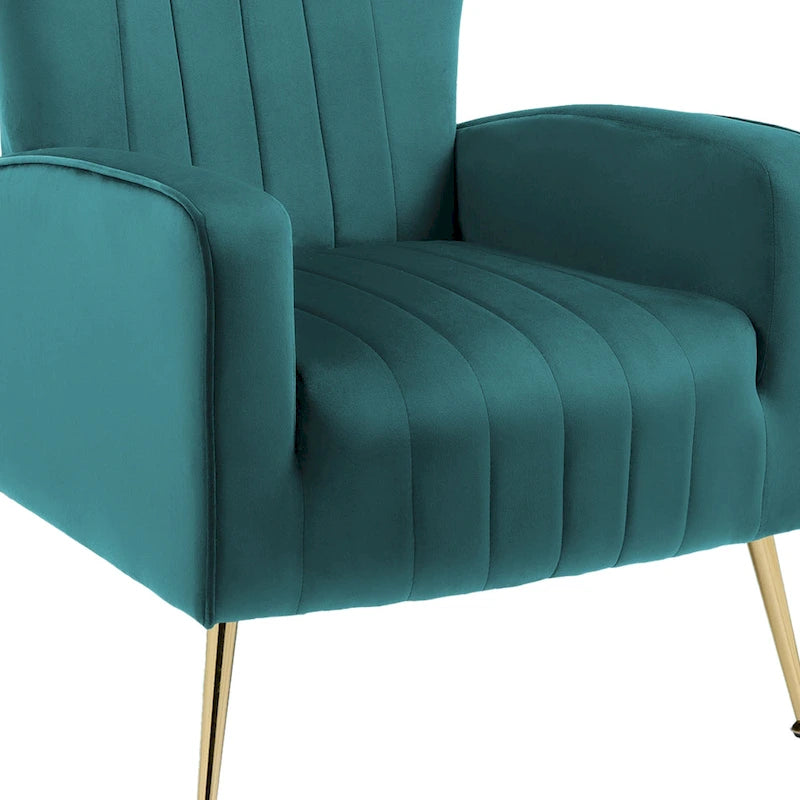 Fauteuil d'appoint dossier haut en velours, bleu paon / gris / blanc, une place
