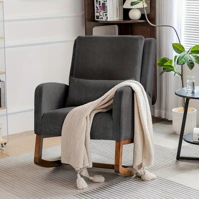 Fauteuil à bascule en tissu noir/gris/beige avec oreiller, planeur pour 1 personne