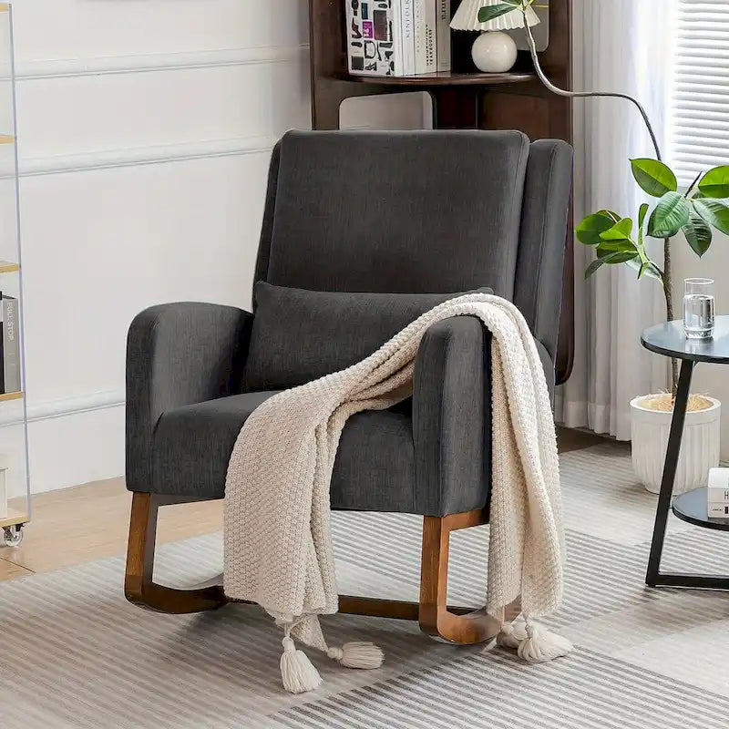 Fauteuil à bascule en tissu noir/gris/beige avec oreiller, planeur pour 1 personne
