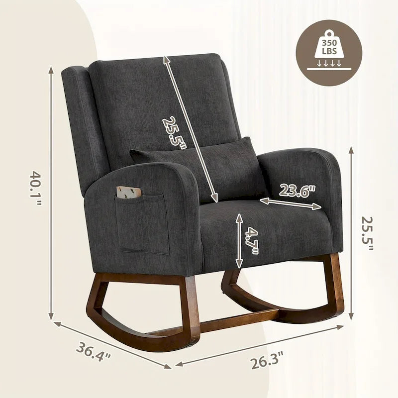 Fauteuil à bascule en tissu noir/gris/beige avec oreiller, planeur pour 1 personne