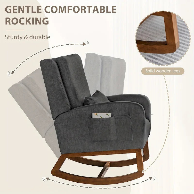 Fauteuil à bascule en tissu noir/gris/beige avec oreiller, planeur pour 1 personne