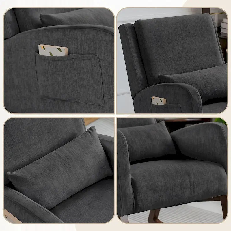 Fauteuil à bascule en tissu noir/gris/beige avec oreiller, planeur pour 1 personne