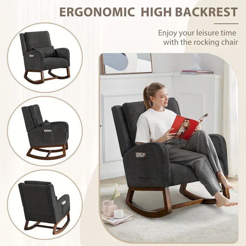 Fauteuil à bascule en tissu noir/gris/beige avec oreiller, planeur pour 1 personne