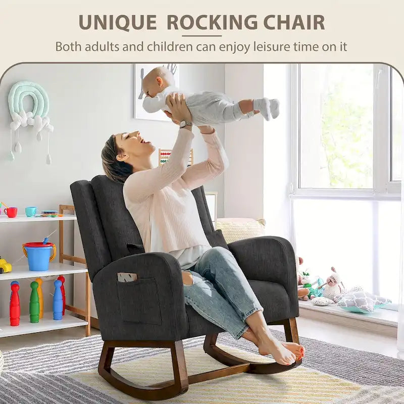 Fauteuil à bascule en tissu noir/gris/beige avec oreiller, planeur pour 1 personne