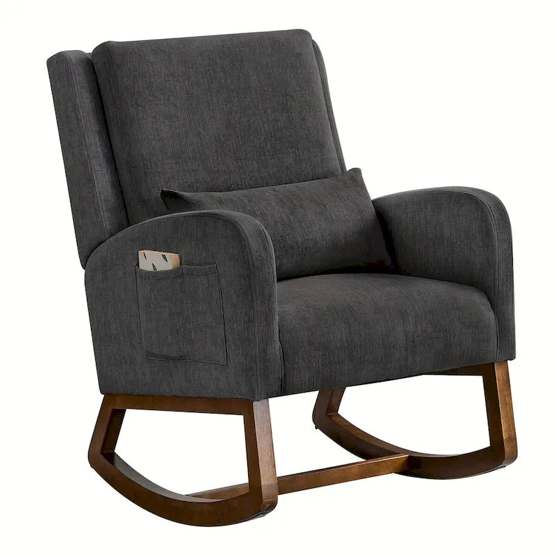 Fauteuil à bascule en tissu noir/gris/beige avec oreiller, planeur pour 1 personne