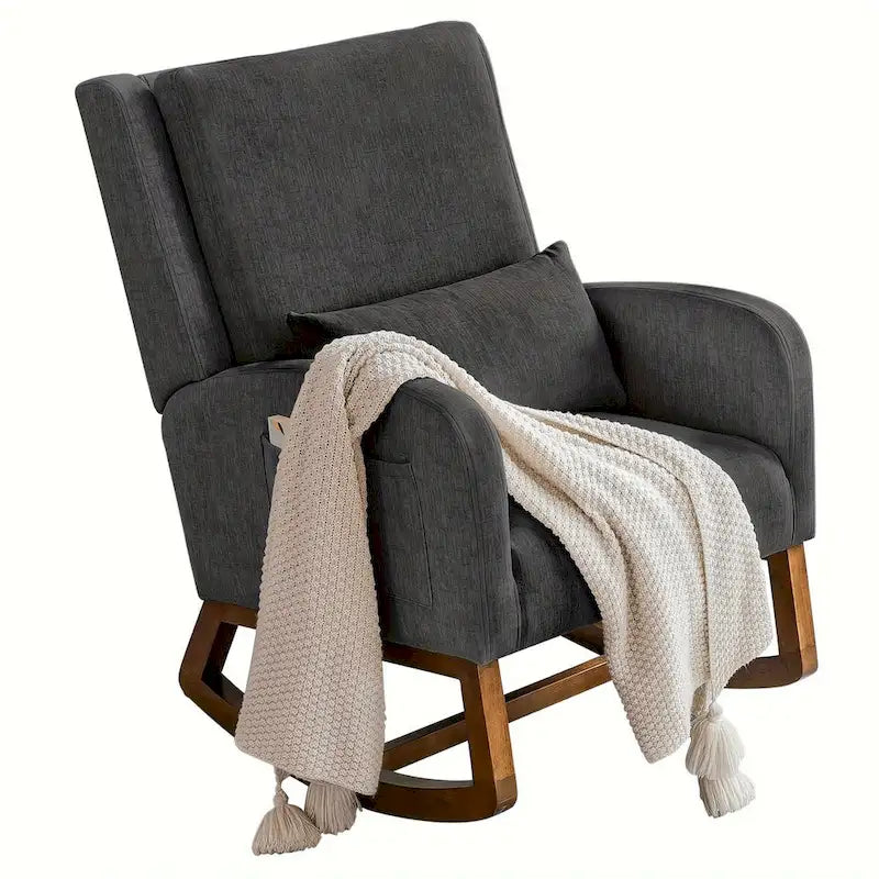 Fauteuil à bascule en tissu noir/gris/beige avec oreiller, planeur pour 1 personne
