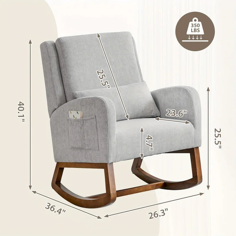 Fauteuil à bascule en tissu noir/gris/beige avec oreiller, planeur pour 1 personne