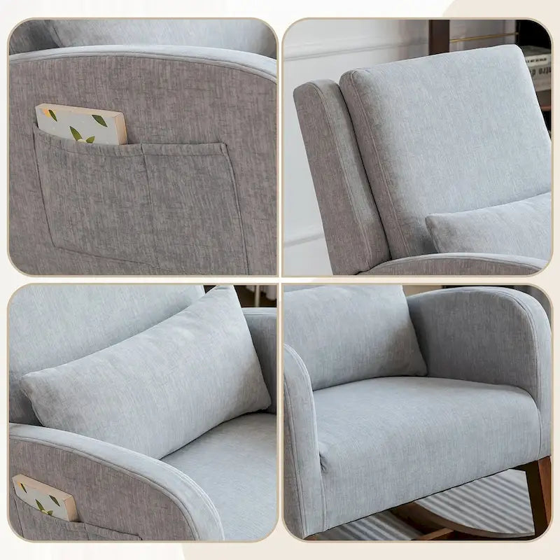 Fauteuil à bascule en tissu noir/gris/beige avec oreiller, planeur pour 1 personne