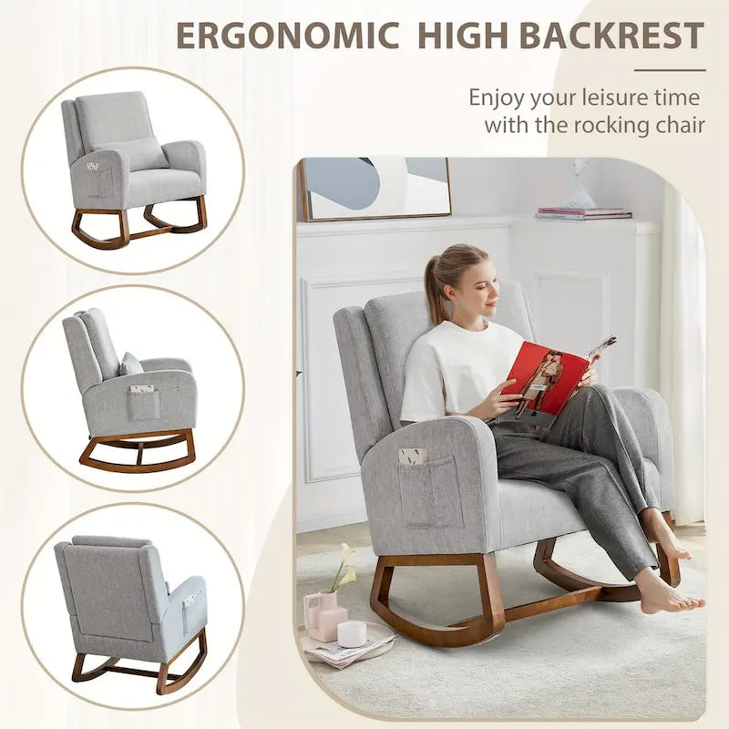 Fauteuil à bascule en tissu noir/gris/beige avec oreiller, planeur pour 1 personne