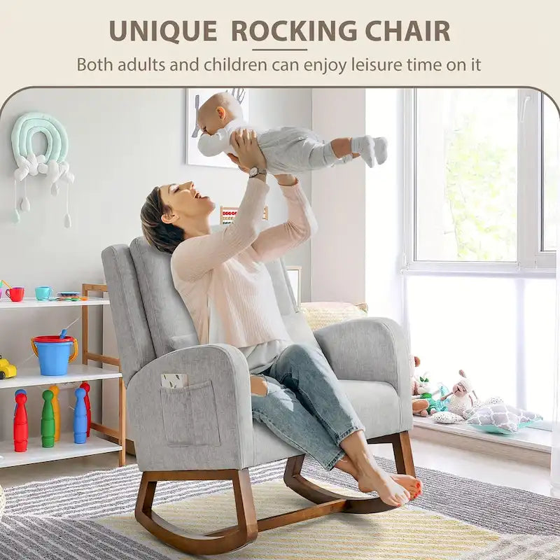 Fauteuil à bascule en tissu noir/gris/beige avec oreiller, planeur pour 1 personne