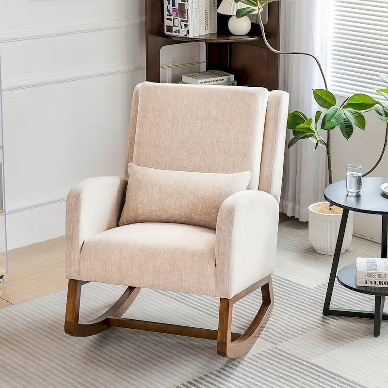 Fauteuil à bascule en tissu noir/gris/beige avec oreiller, planeur pour 1 personne